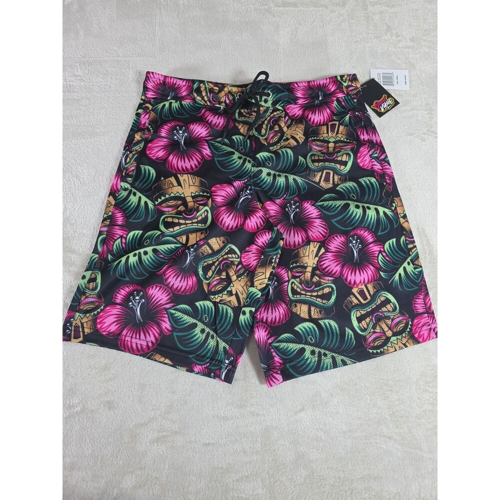 Drill Clothing Good Vibes Men's Small Hawaiian Tiki Mask Floral Luau Shorts NWT